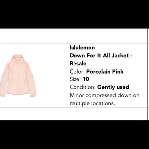 Porcelain pink Lululemon jacket Down For It All